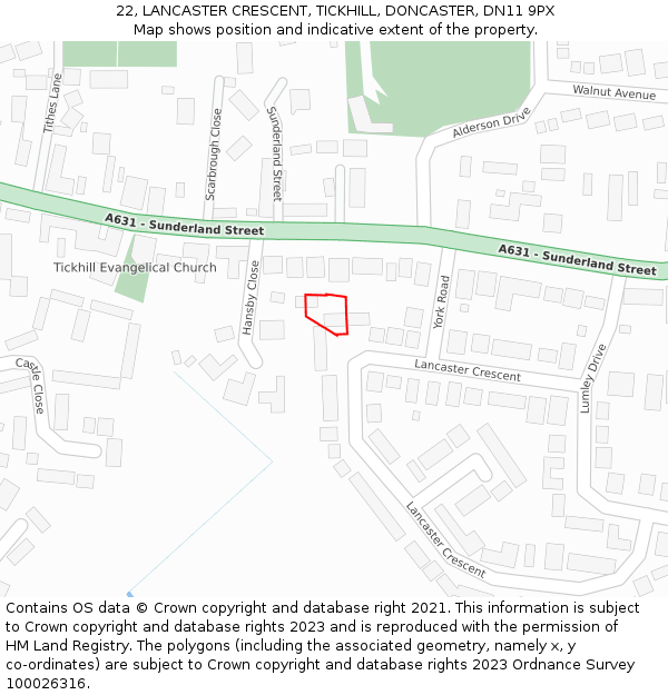 22, LANCASTER CRESCENT, TICKHILL, DONCASTER, DN11 9PX: Location map and indicative extent of plot