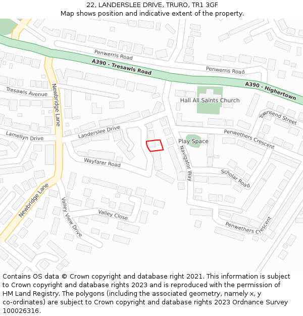 22, LANDERSLEE DRIVE, TRURO, TR1 3GF: Location map and indicative extent of plot