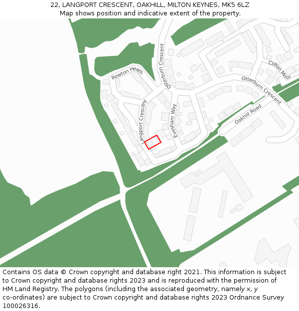 22, LANGPORT CRESCENT, OAKHILL, MILTON KEYNES, MK5 6LZ: Location map and indicative extent of plot