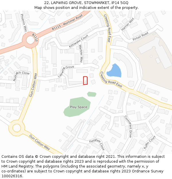 22, LAPWING GROVE, STOWMARKET, IP14 5GQ: Location map and indicative extent of plot
