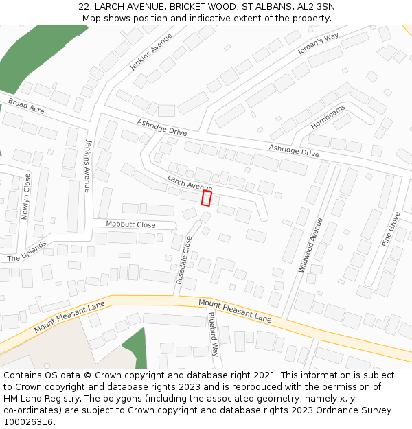 22, LARCH AVENUE, BRICKET WOOD, ST ALBANS, AL2 3SN: Location map and indicative extent of plot