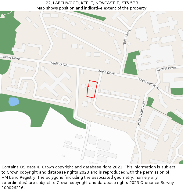 22, LARCHWOOD, KEELE, NEWCASTLE, ST5 5BB: Location map and indicative extent of plot