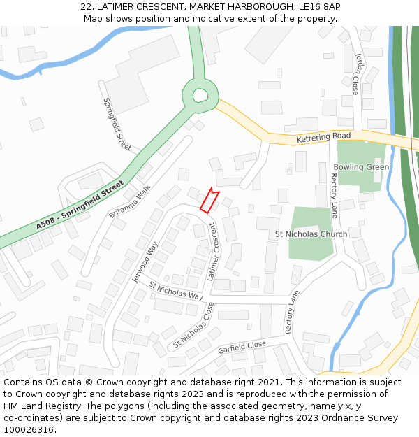 22, LATIMER CRESCENT, MARKET HARBOROUGH, LE16 8AP: Location map and indicative extent of plot