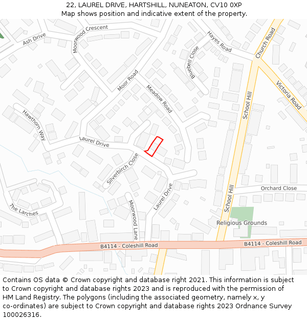 22, LAUREL DRIVE, HARTSHILL, NUNEATON, CV10 0XP: Location map and indicative extent of plot