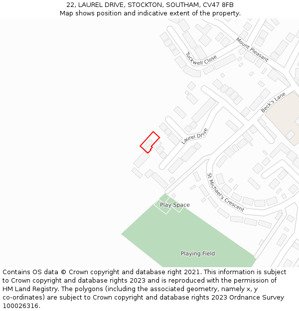 22, LAUREL DRIVE, STOCKTON, SOUTHAM, CV47 8FB: Location map and indicative extent of plot