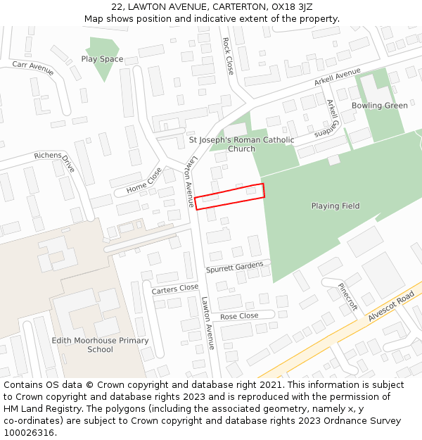 22, LAWTON AVENUE, CARTERTON, OX18 3JZ: Location map and indicative extent of plot