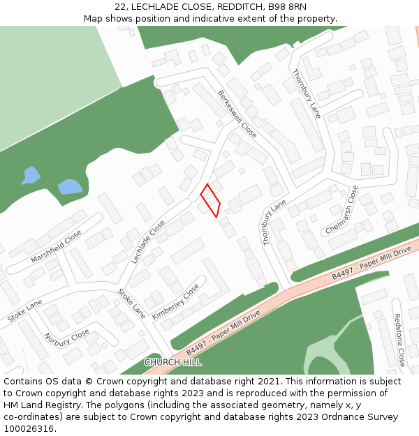 22, LECHLADE CLOSE, REDDITCH, B98 8RN: Location map and indicative extent of plot