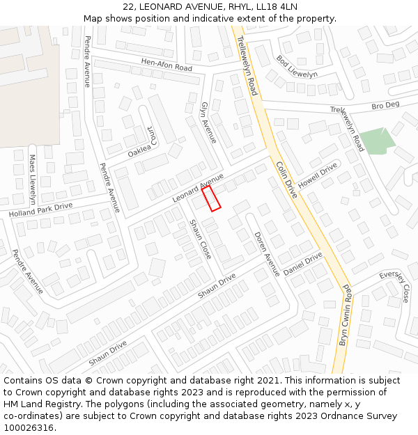 22, LEONARD AVENUE, RHYL, LL18 4LN: Location map and indicative extent of plot