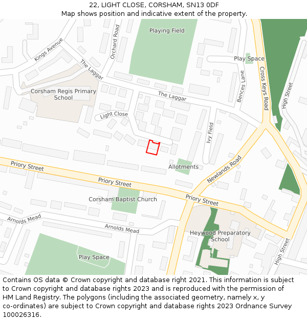 22, LIGHT CLOSE, CORSHAM, SN13 0DF: Location map and indicative extent of plot