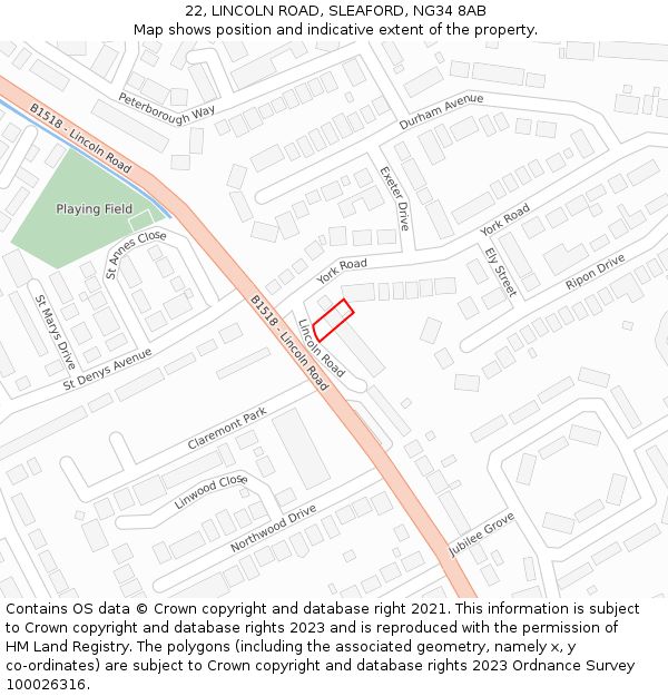 22, LINCOLN ROAD, SLEAFORD, NG34 8AB: Location map and indicative extent of plot