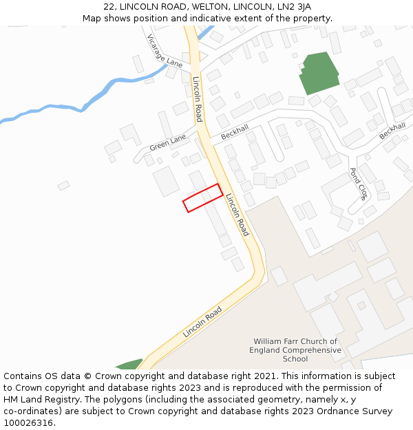 22, LINCOLN ROAD, WELTON, LINCOLN, LN2 3JA: Location map and indicative extent of plot