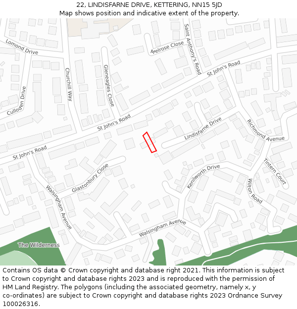 22, LINDISFARNE DRIVE, KETTERING, NN15 5JD: Location map and indicative extent of plot