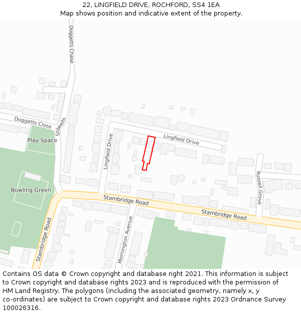 22, LINGFIELD DRIVE, ROCHFORD, SS4 1EA: Location map and indicative extent of plot