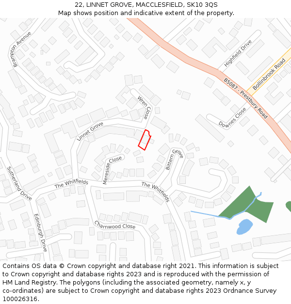 22, LINNET GROVE, MACCLESFIELD, SK10 3QS: Location map and indicative extent of plot