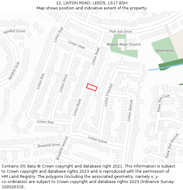 22, LINTON ROAD, LEEDS, LS17 8QH: Location map and indicative extent of plot