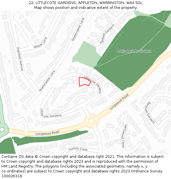 22, LITTLECOTE GARDENS, APPLETON, WARRINGTON, WA4 5DL: Location map and indicative extent of plot