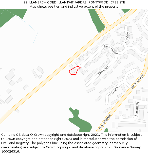 22, LLANERCH GOED, LLANTWIT FARDRE, PONTYPRIDD, CF38 2TB: Location map and indicative extent of plot