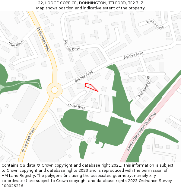 22, LODGE COPPICE, DONNINGTON, TELFORD, TF2 7LZ: Location map and indicative extent of plot