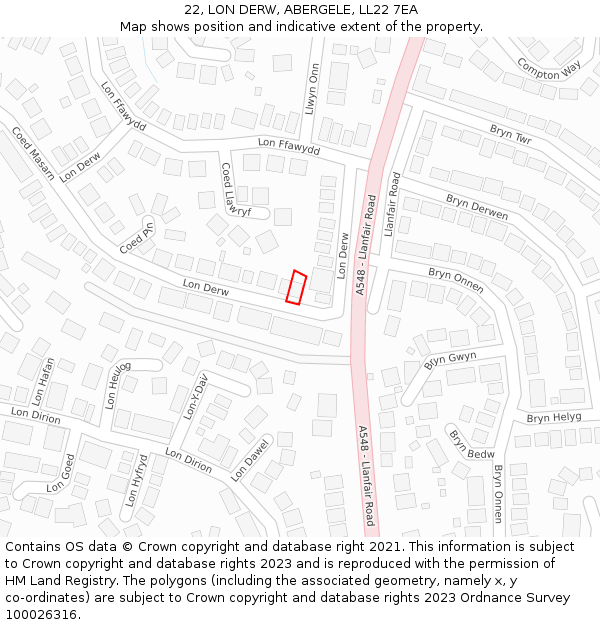 22, LON DERW, ABERGELE, LL22 7EA: Location map and indicative extent of plot