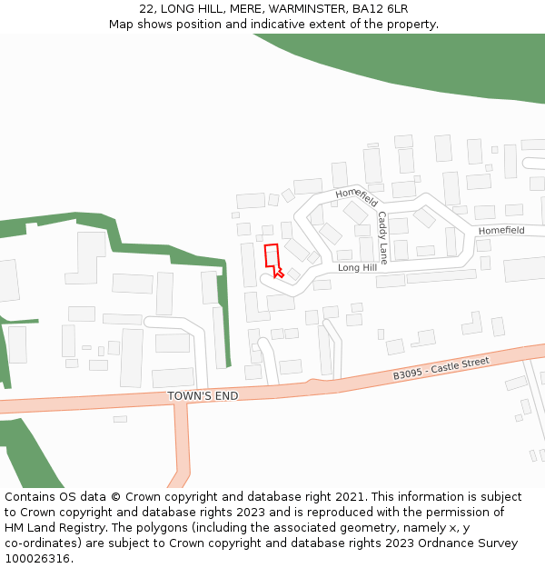 22, LONG HILL, MERE, WARMINSTER, BA12 6LR: Location map and indicative extent of plot