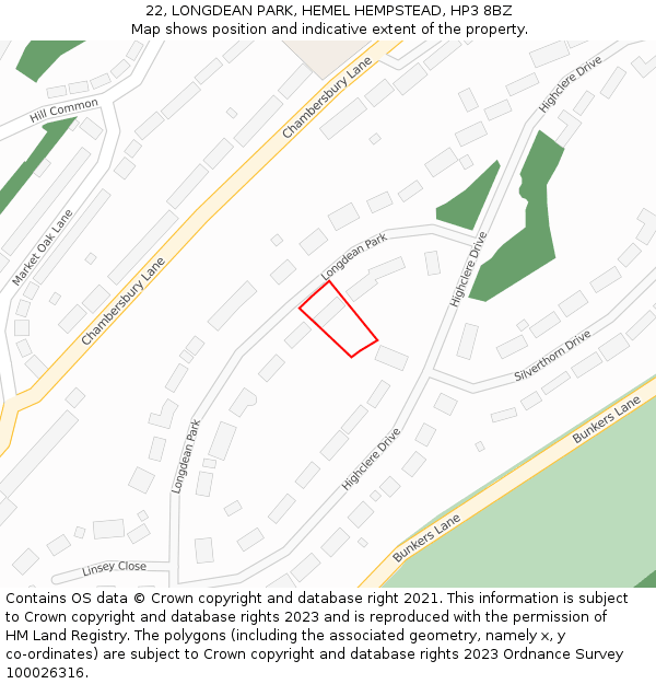 22, LONGDEAN PARK, HEMEL HEMPSTEAD, HP3 8BZ: Location map and indicative extent of plot