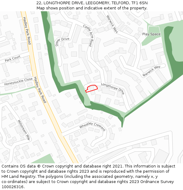 22, LONGTHORPE DRIVE, LEEGOMERY, TELFORD, TF1 6SN: Location map and indicative extent of plot