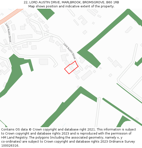 22, LORD AUSTIN DRIVE, MARLBROOK, BROMSGROVE, B60 1RB: Location map and indicative extent of plot