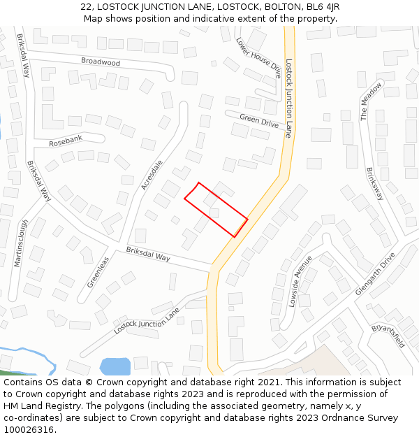 22, LOSTOCK JUNCTION LANE, LOSTOCK, BOLTON, BL6 4JR: Location map and indicative extent of plot
