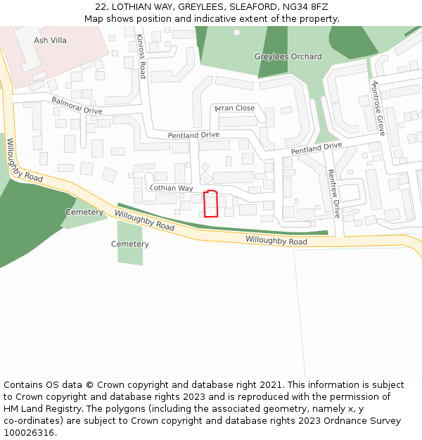 22, LOTHIAN WAY, GREYLEES, SLEAFORD, NG34 8FZ: Location map and indicative extent of plot