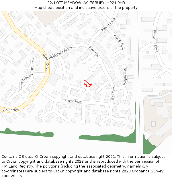 22, LOTT MEADOW, AYLESBURY, HP21 9HR: Location map and indicative extent of plot