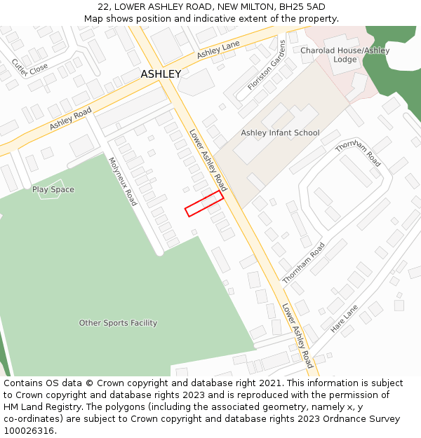 22, LOWER ASHLEY ROAD, NEW MILTON, BH25 5AD: Location map and indicative extent of plot