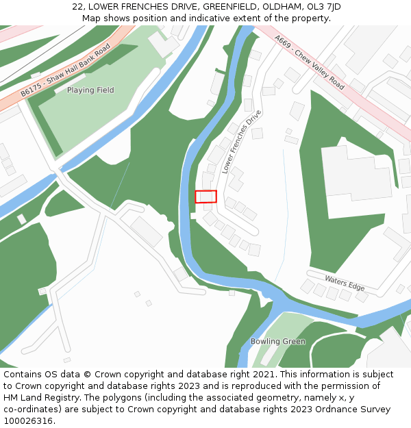 22, LOWER FRENCHES DRIVE, GREENFIELD, OLDHAM, OL3 7JD: Location map and indicative extent of plot