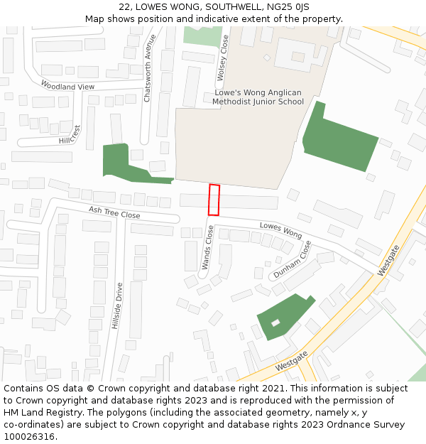22, LOWES WONG, SOUTHWELL, NG25 0JS: Location map and indicative extent of plot