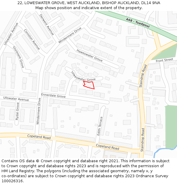 22, LOWESWATER GROVE, WEST AUCKLAND, BISHOP AUCKLAND, DL14 9NA: Location map and indicative extent of plot