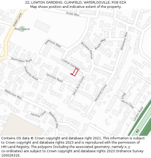 22, LOWTON GARDENS, CLANFIELD, WATERLOOVILLE, PO8 0ZA: Location map and indicative extent of plot