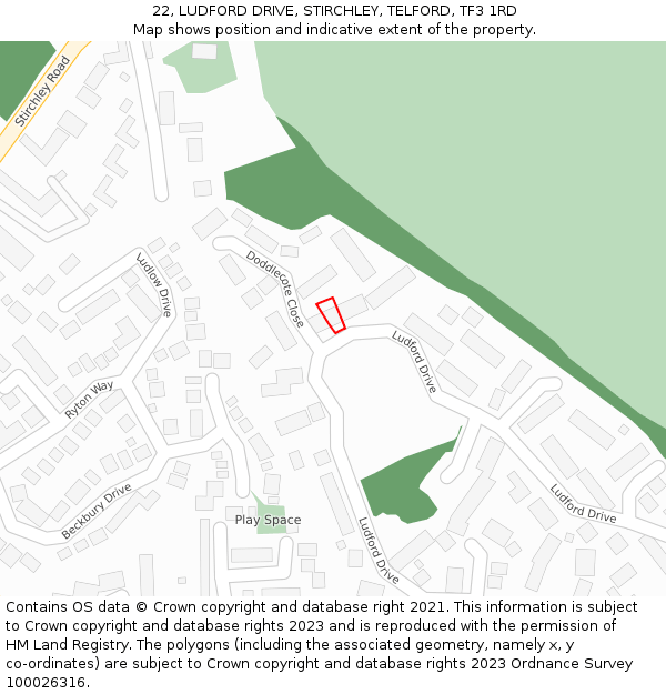 22, LUDFORD DRIVE, STIRCHLEY, TELFORD, TF3 1RD: Location map and indicative extent of plot