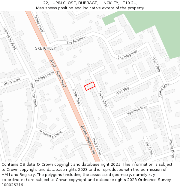 22, LUPIN CLOSE, BURBAGE, HINCKLEY, LE10 2UJ: Location map and indicative extent of plot