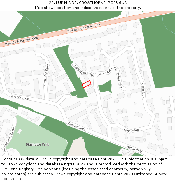 22, LUPIN RIDE, CROWTHORNE, RG45 6UR: Location map and indicative extent of plot