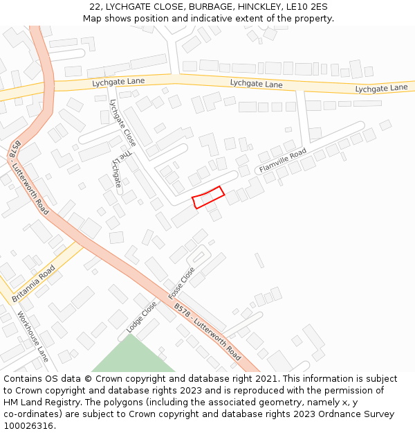 22, LYCHGATE CLOSE, BURBAGE, HINCKLEY, LE10 2ES: Location map and indicative extent of plot