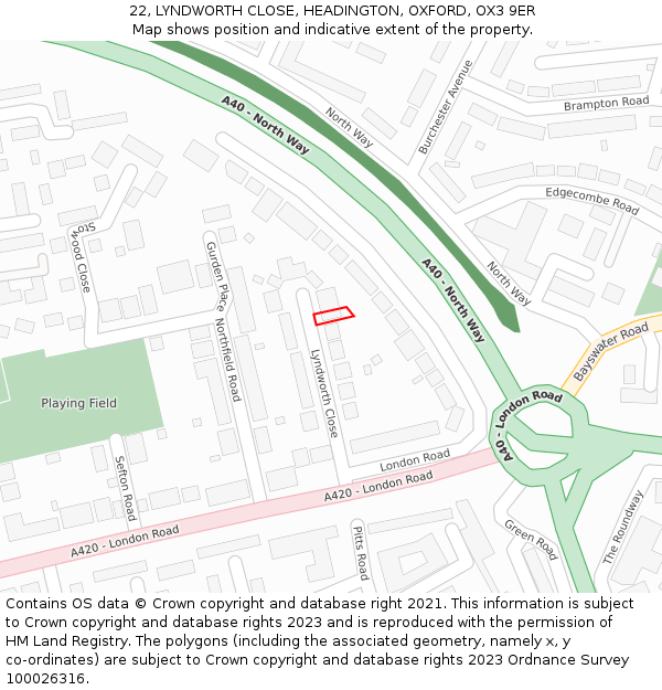 22, LYNDWORTH CLOSE, HEADINGTON, OXFORD, OX3 9ER: Location map and indicative extent of plot