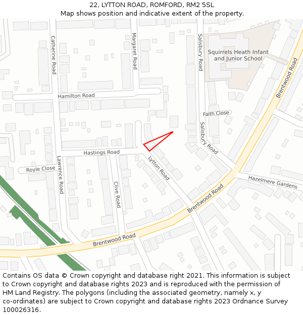 22, LYTTON ROAD, ROMFORD, RM2 5SL: Location map and indicative extent of plot