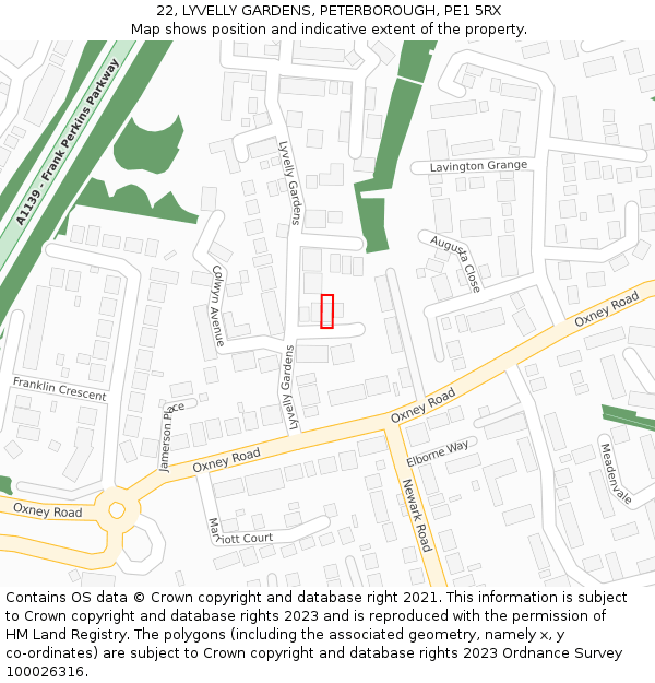 22, LYVELLY GARDENS, PETERBOROUGH, PE1 5RX: Location map and indicative extent of plot