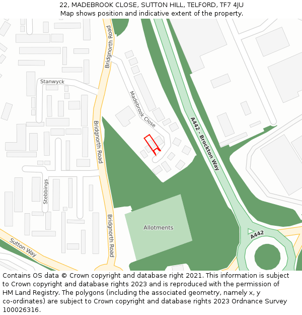 22, MADEBROOK CLOSE, SUTTON HILL, TELFORD, TF7 4JU: Location map and indicative extent of plot