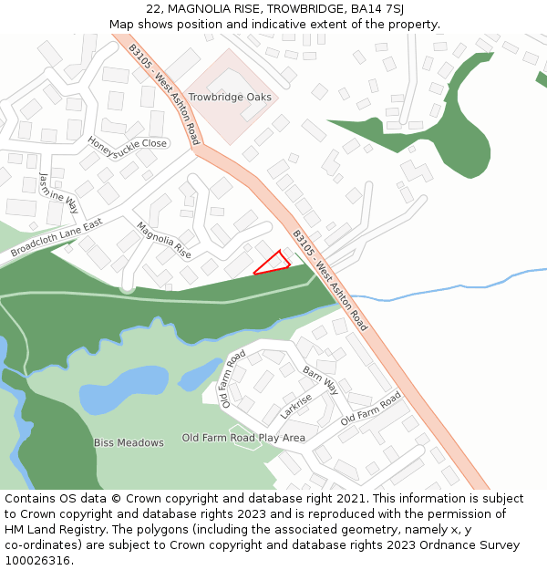 22, MAGNOLIA RISE, TROWBRIDGE, BA14 7SJ: Location map and indicative extent of plot