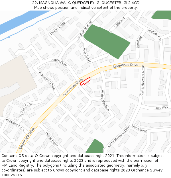 22, MAGNOLIA WALK, QUEDGELEY, GLOUCESTER, GL2 4GD: Location map and indicative extent of plot