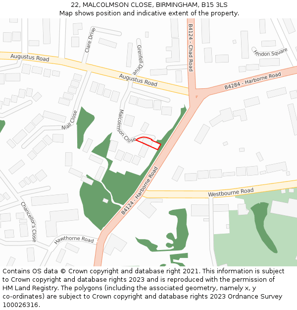 22, MALCOLMSON CLOSE, BIRMINGHAM, B15 3LS: Location map and indicative extent of plot