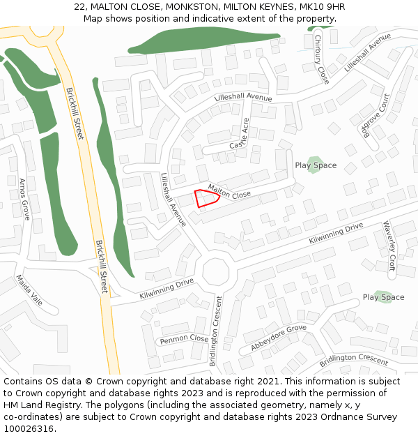 22, MALTON CLOSE, MONKSTON, MILTON KEYNES, MK10 9HR: Location map and indicative extent of plot