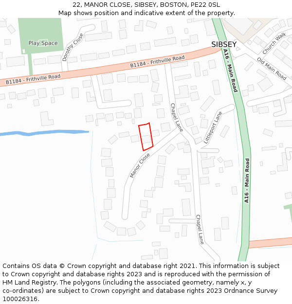 22, MANOR CLOSE, SIBSEY, BOSTON, PE22 0SL: Location map and indicative extent of plot