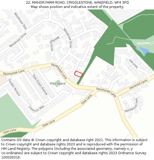 22, MANOR FARM ROAD, CRIGGLESTONE, WAKEFIELD, WF4 3PQ: Location map and indicative extent of plot