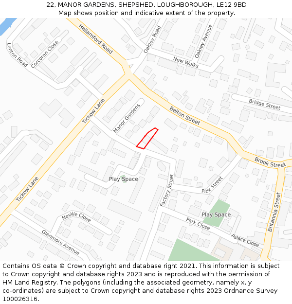 22, MANOR GARDENS, SHEPSHED, LOUGHBOROUGH, LE12 9BD: Location map and indicative extent of plot